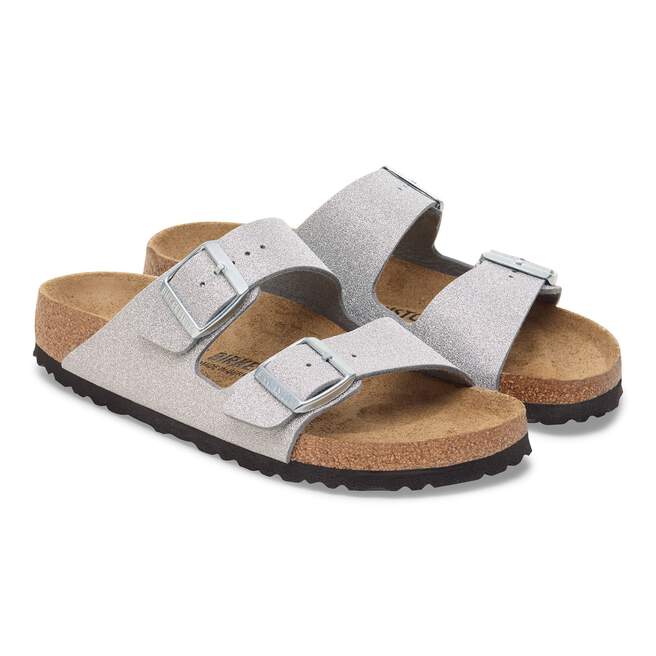 Birkenstock Arizona Sandals- Shiny Glitter Silver Synthetic - Image 3