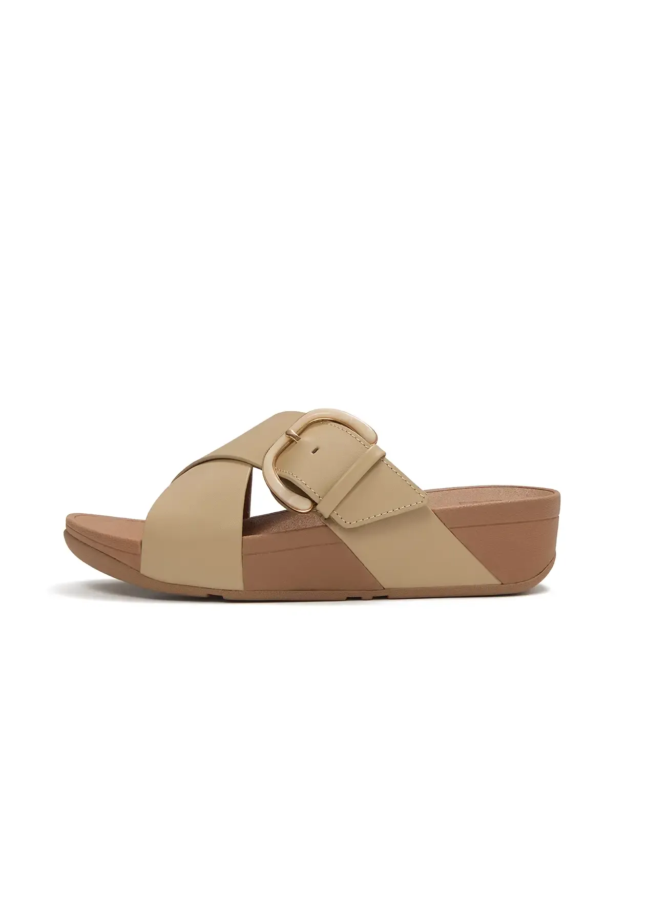 FitFlop Women's Lulu Resin Buckle Leather Cross Slides- Cappucino