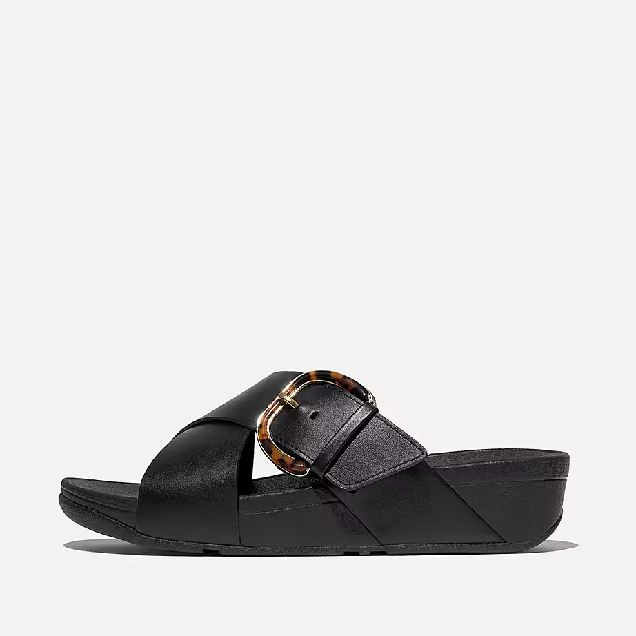 FitFlop Women's Lulu Resin Buckle Leather Cross Slides- All Black