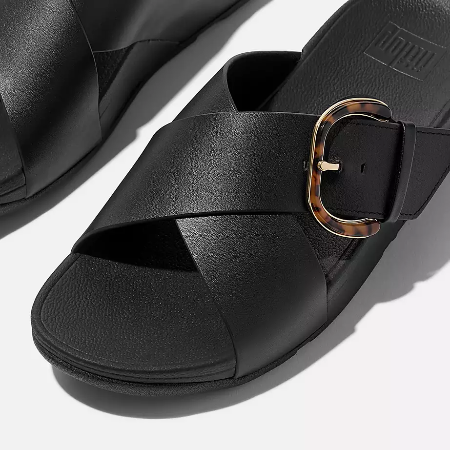 FitFlop Women's Lulu Resin Buckle Leather Cross Slides- All Black - Image 2