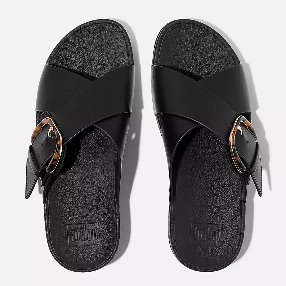 FitFlop Women's Lulu Resin Buckle Leather Cross Slides- All Black - Image 3