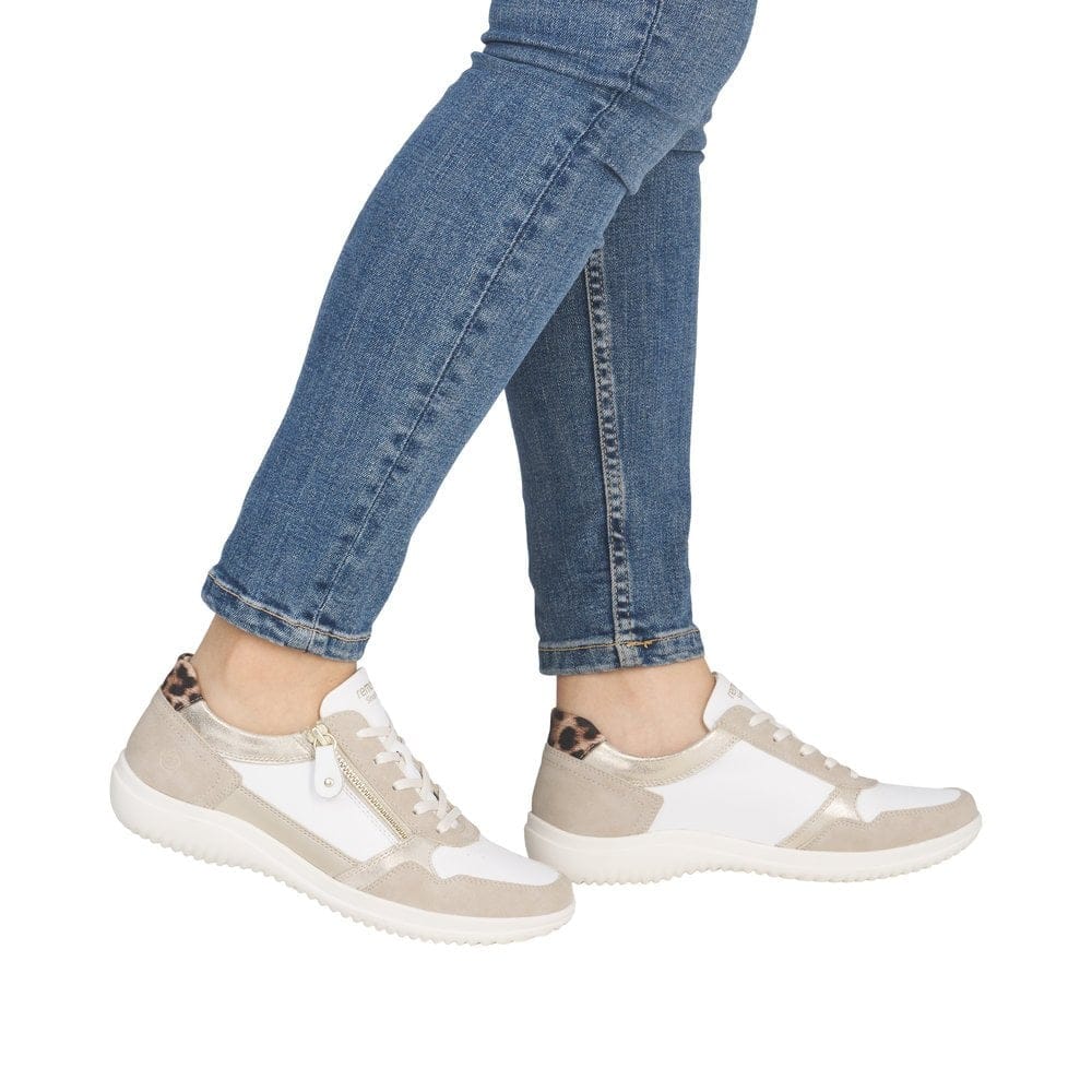 Remonte Women's D1E06-82 Lace & Zip Sneakers- White/ Gold - Image 4